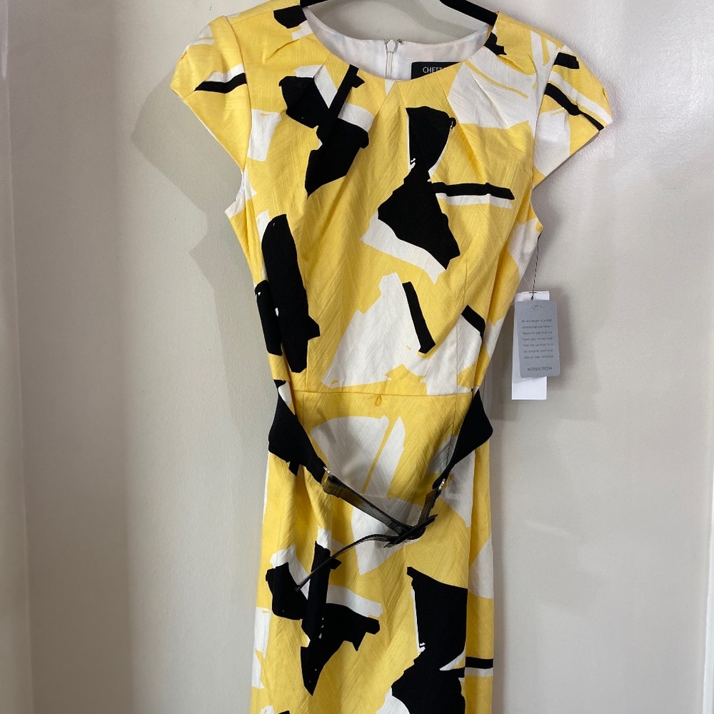 Yellow Black White Print Belted Business Dress Sz 10 Nordstrom Chetta B NWT